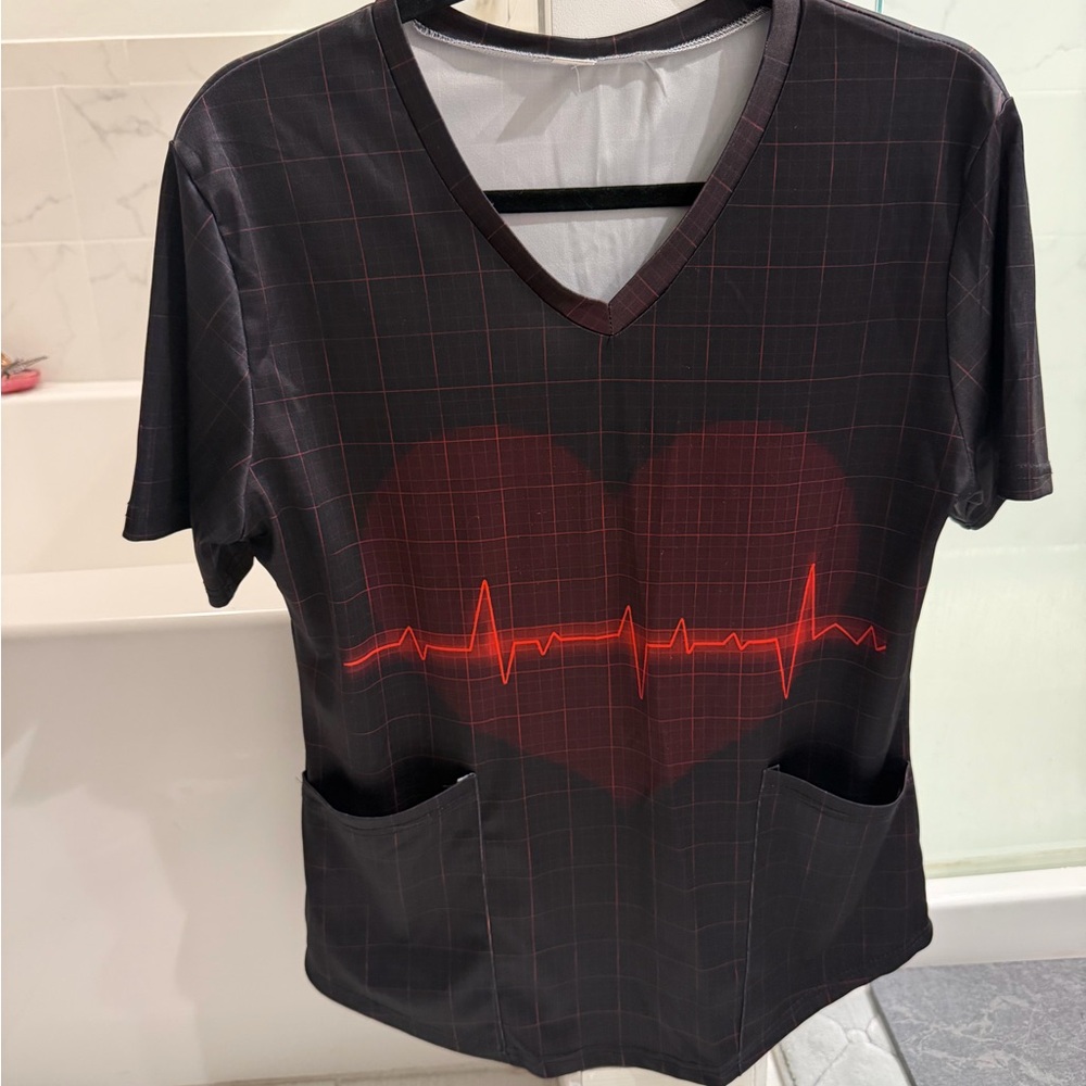 Black Scrub Top with Red Heartbeat Graphic